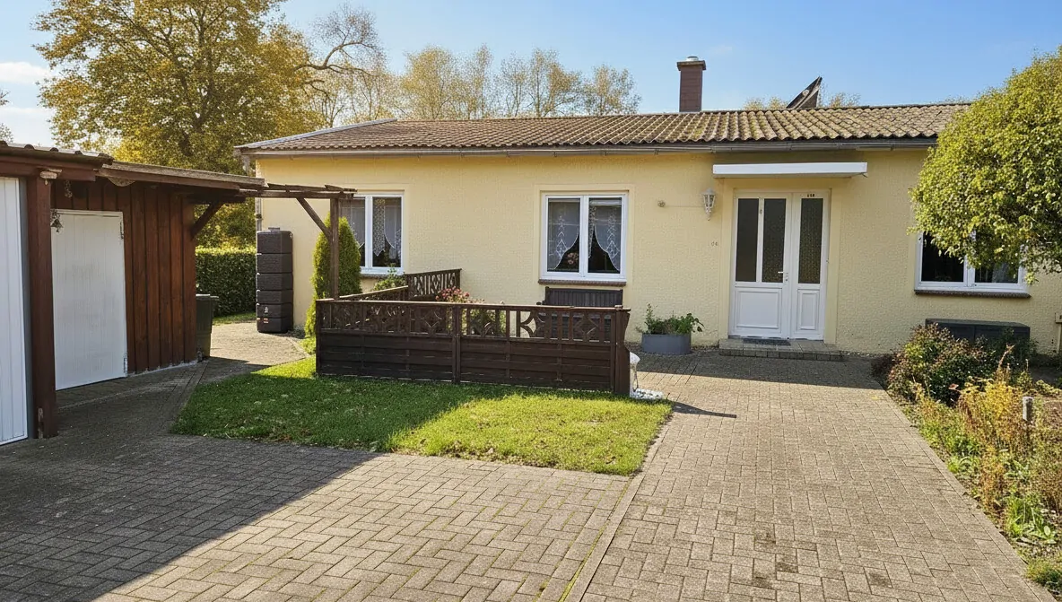 Frontansicht mit Garagen und Carport