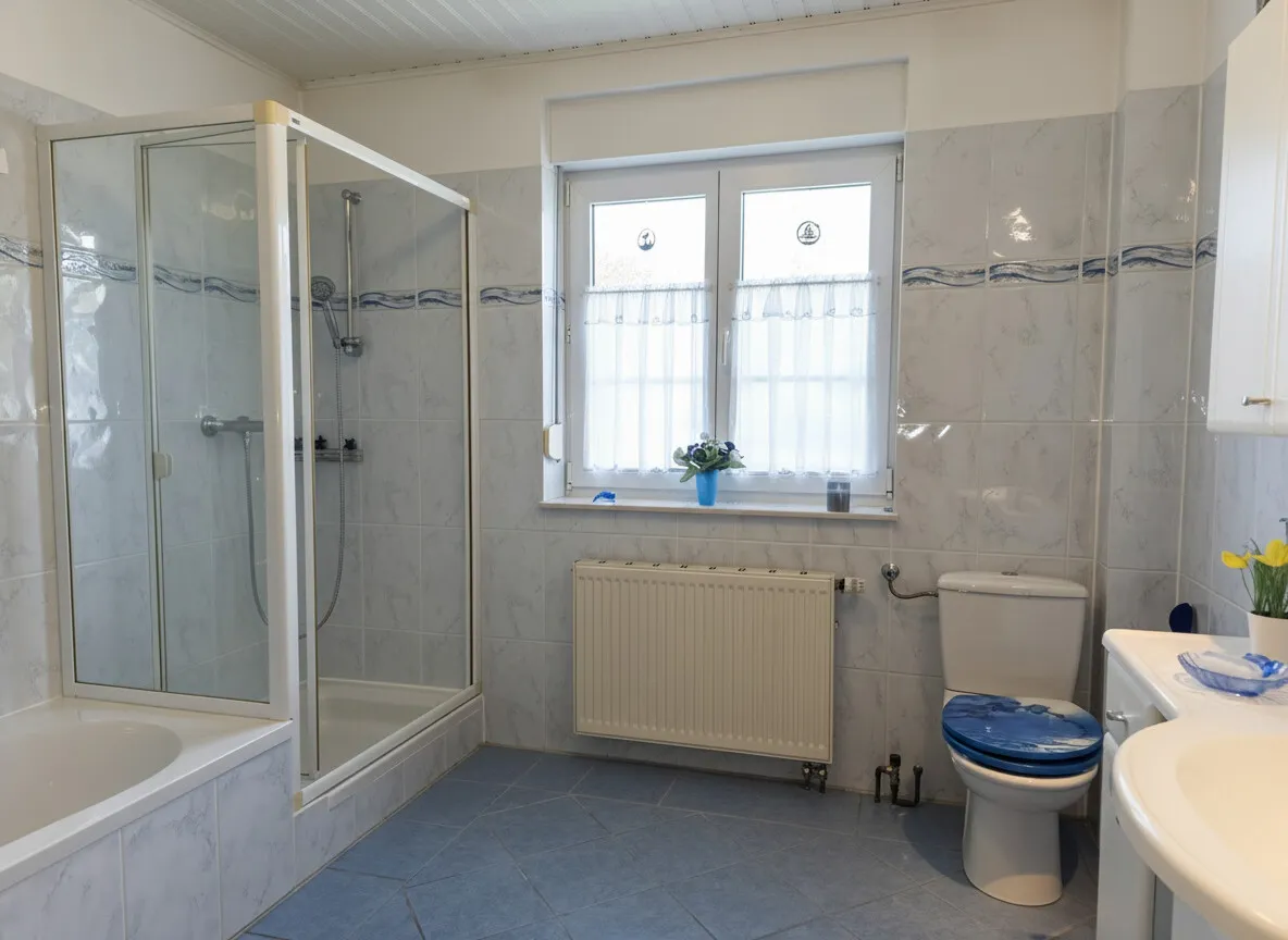 Helles Tageslichtbad mit Wanne und Dusche
