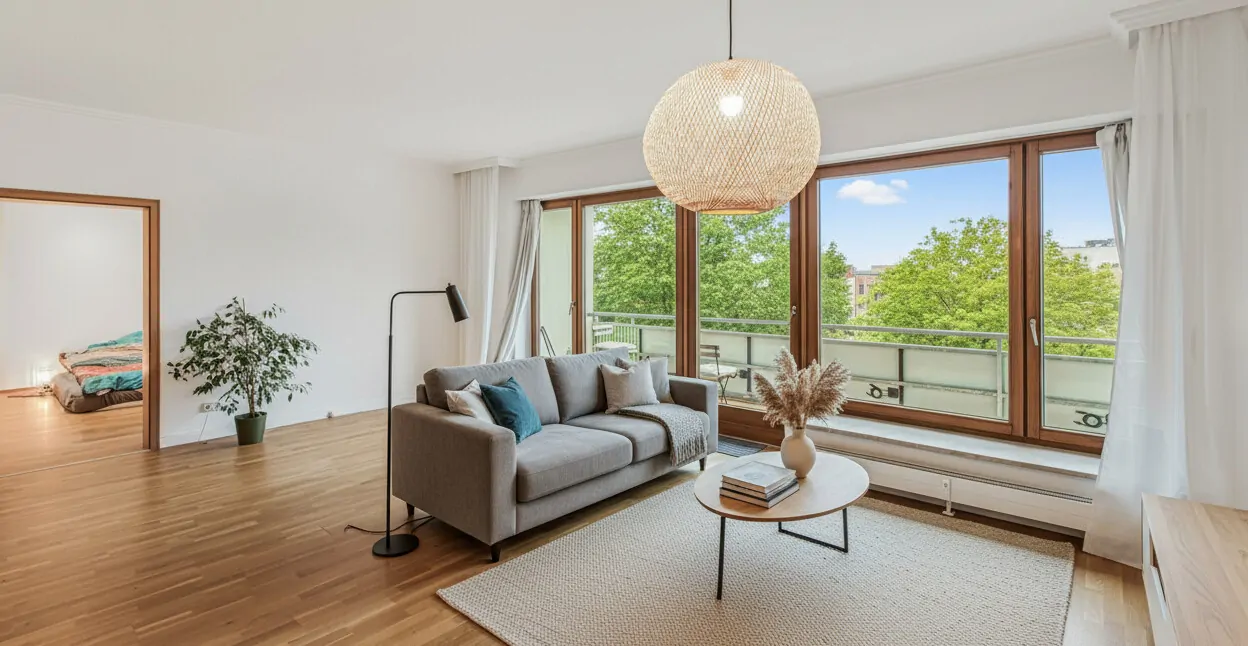 .Wohnzimmer mit Balkon KI