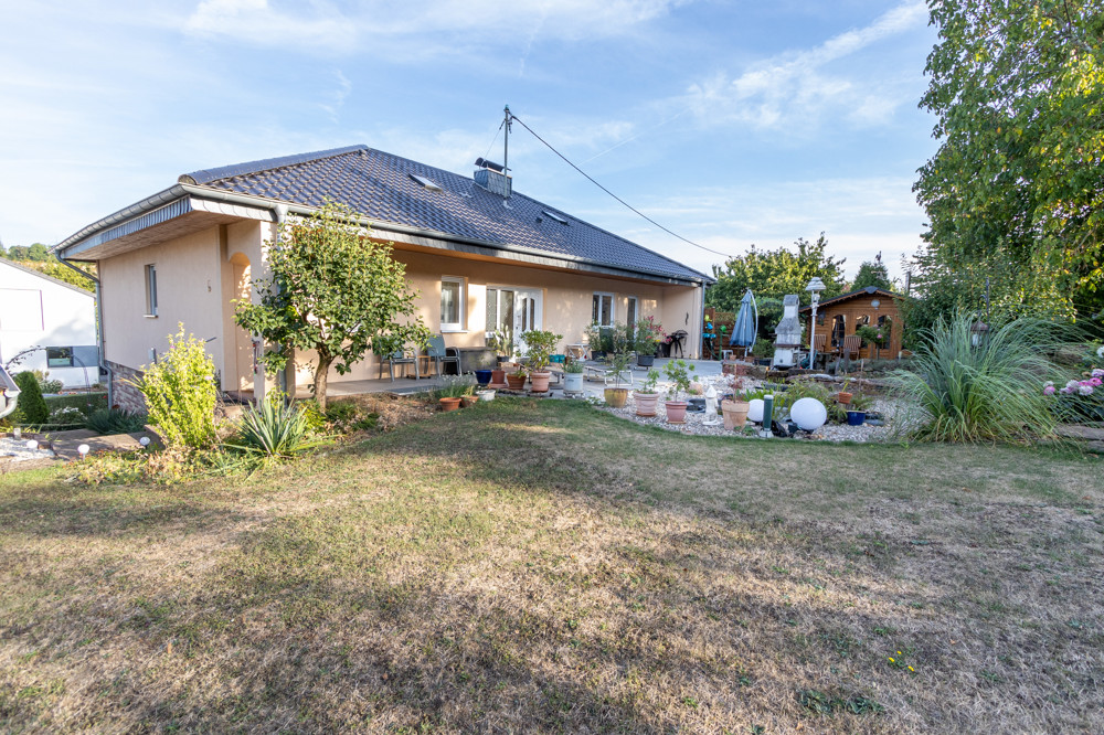 Terrasse mit Gartenteich und Gartenhaus