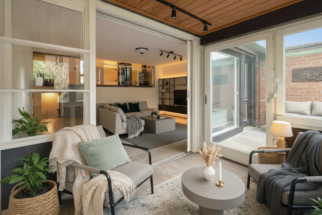 Wintergarten angrenzend zum Wohnzimmer illustriert