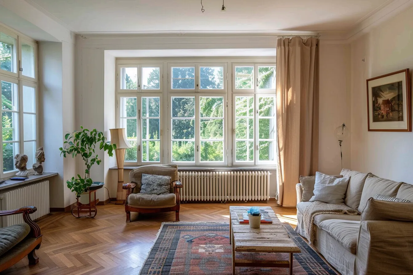 Repräsentativer Wohnsalon mit großzügiger Fensterfront Raumbeispiel