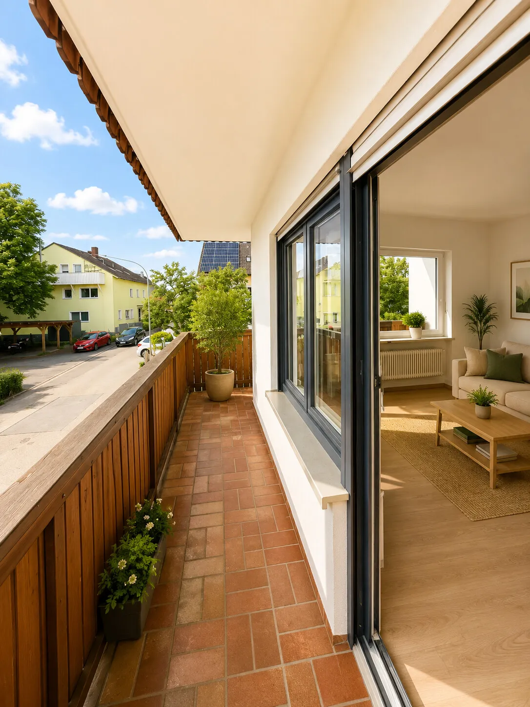 Umlaufender Balkon mit geschütztem Sitzbereich