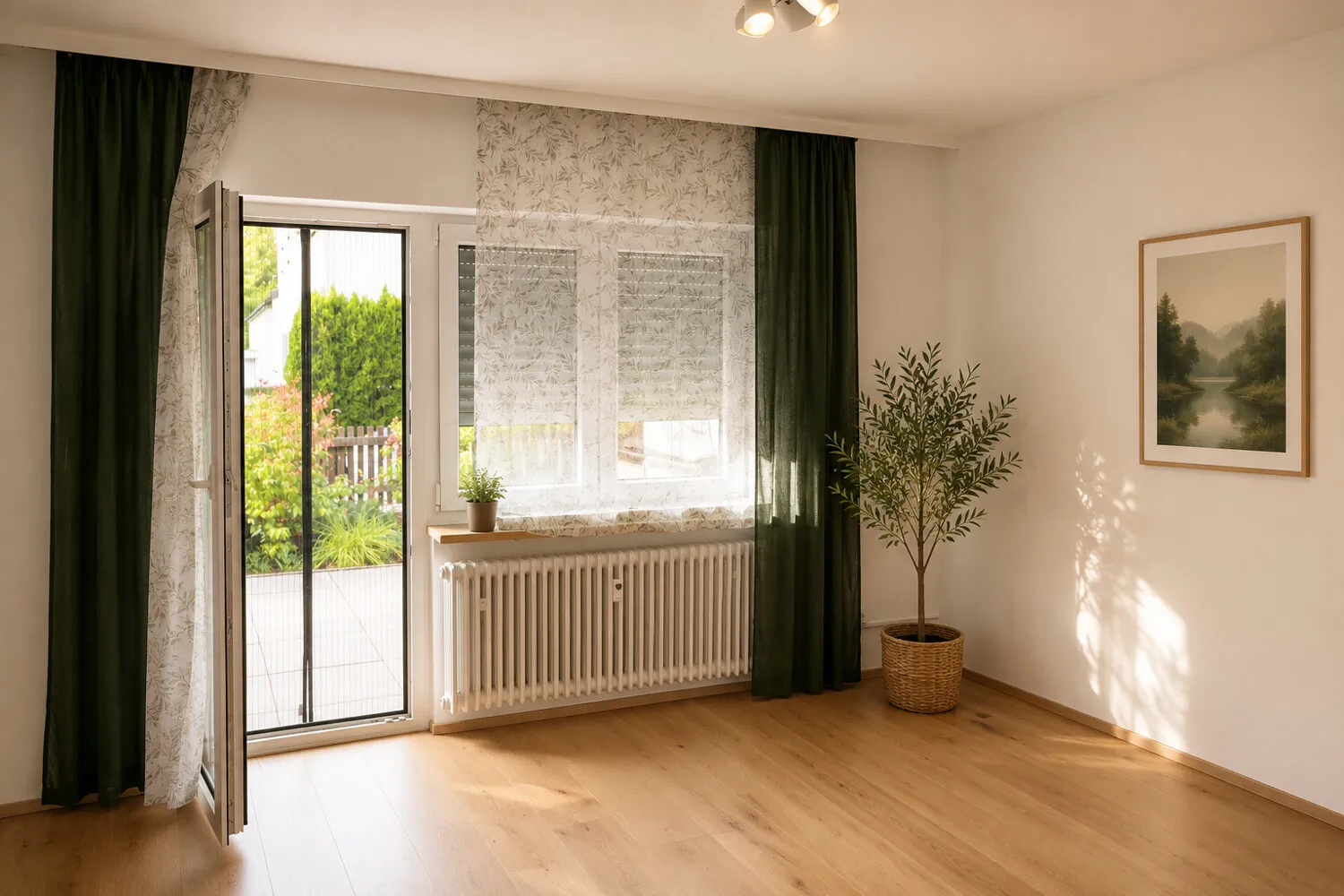 Wohnzimmer der unteren Wohnung mit Zugang zur Terrasse