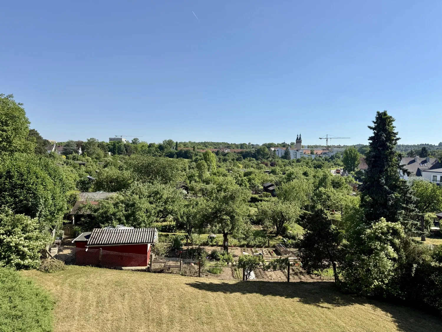 Panoramablick über Gartenflächen und Kleingartenanlage