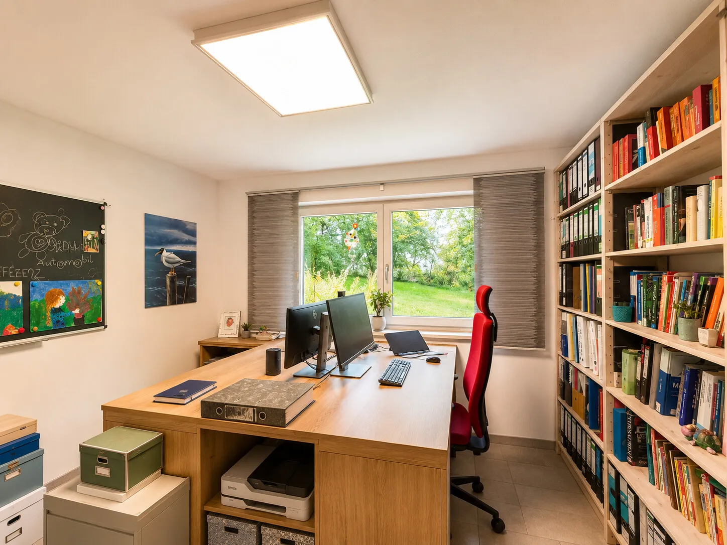 Arbeitszimmer im Untergeschoss mit Blick in den Garten