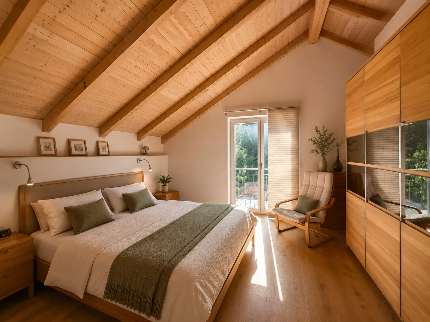 Ruhiges Schlafzimmer mit Holzdecke und französischem Balkon