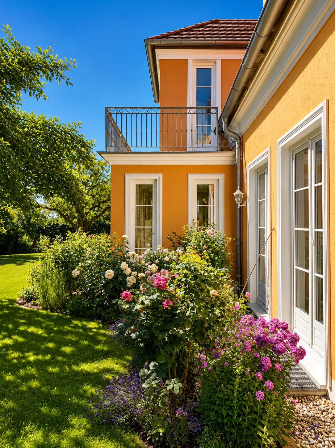 Harmonische Gartenarchitektur mit üppiger Blütenpracht