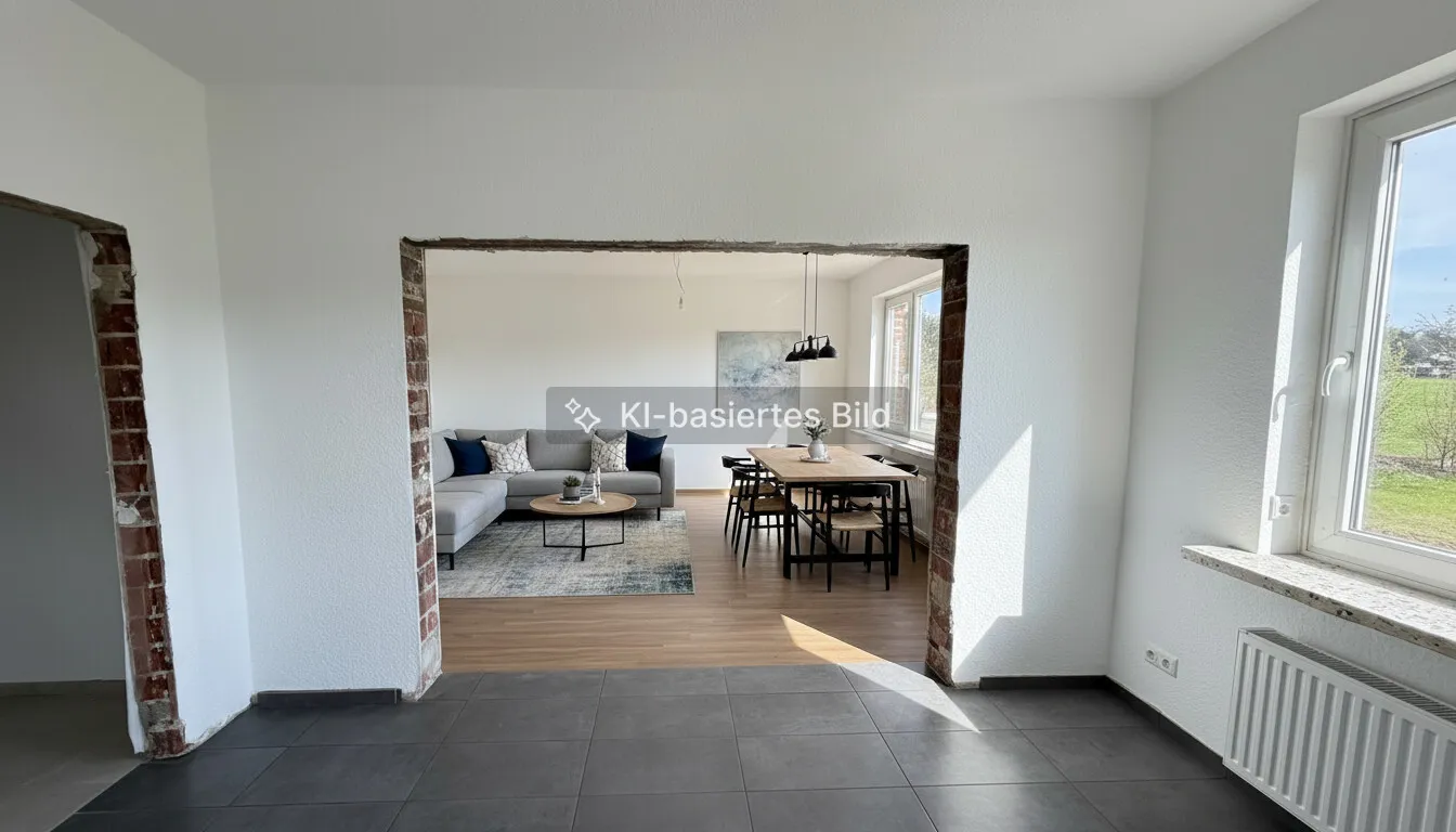 Blick von der Küche in das Wohnzimmer