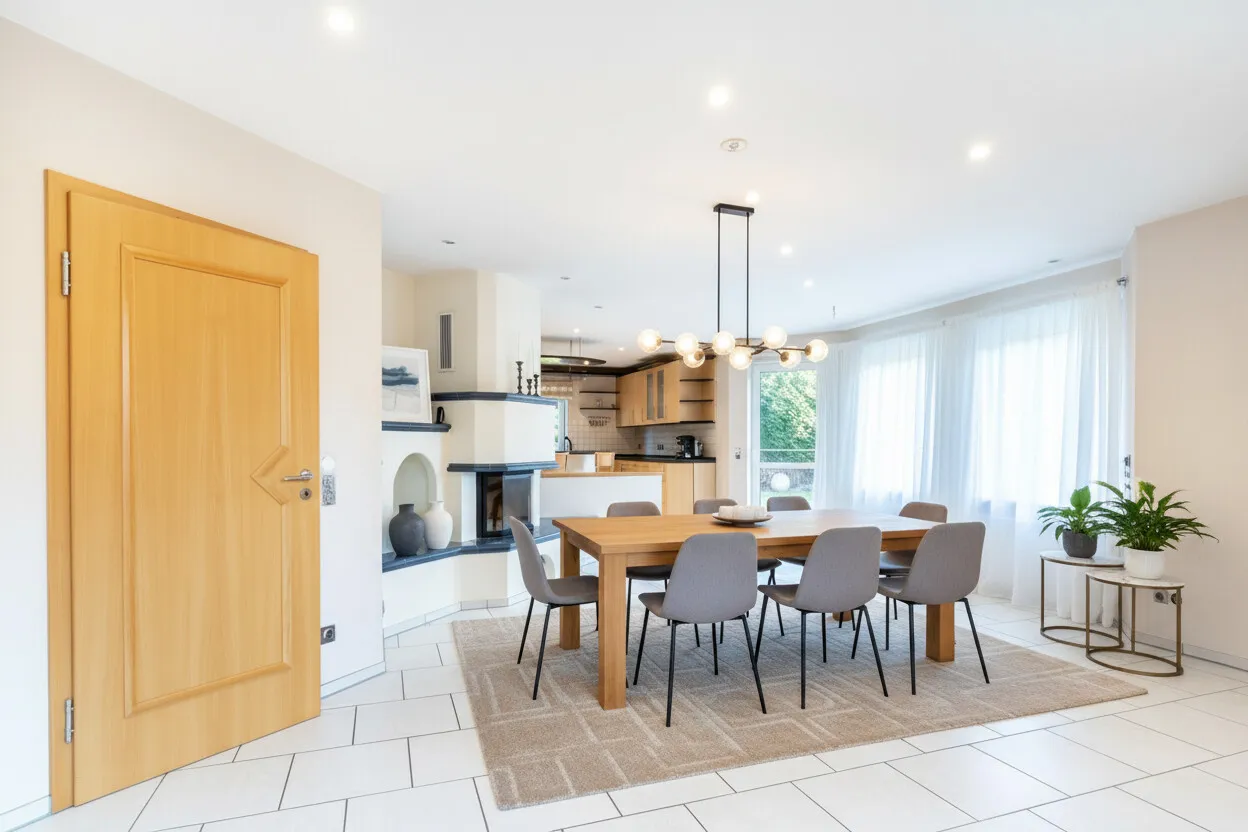 KI Wohn-Essbereich mit Kamin