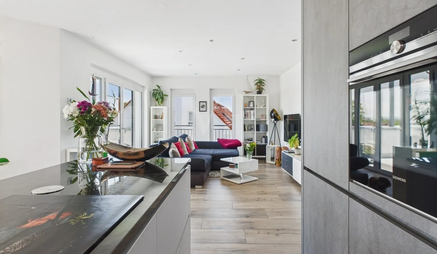 Küche mit Blick in den Wohnbereich