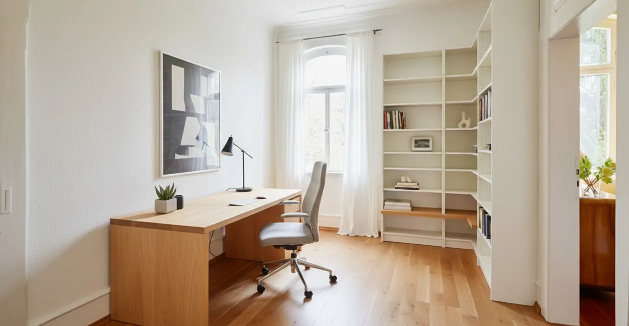 Einrichtungsbeispiel Büro/Bibliothek, KI-generiert