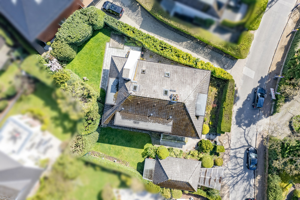 Blick von oben auf das wunderschön eingewachsene Grundstück