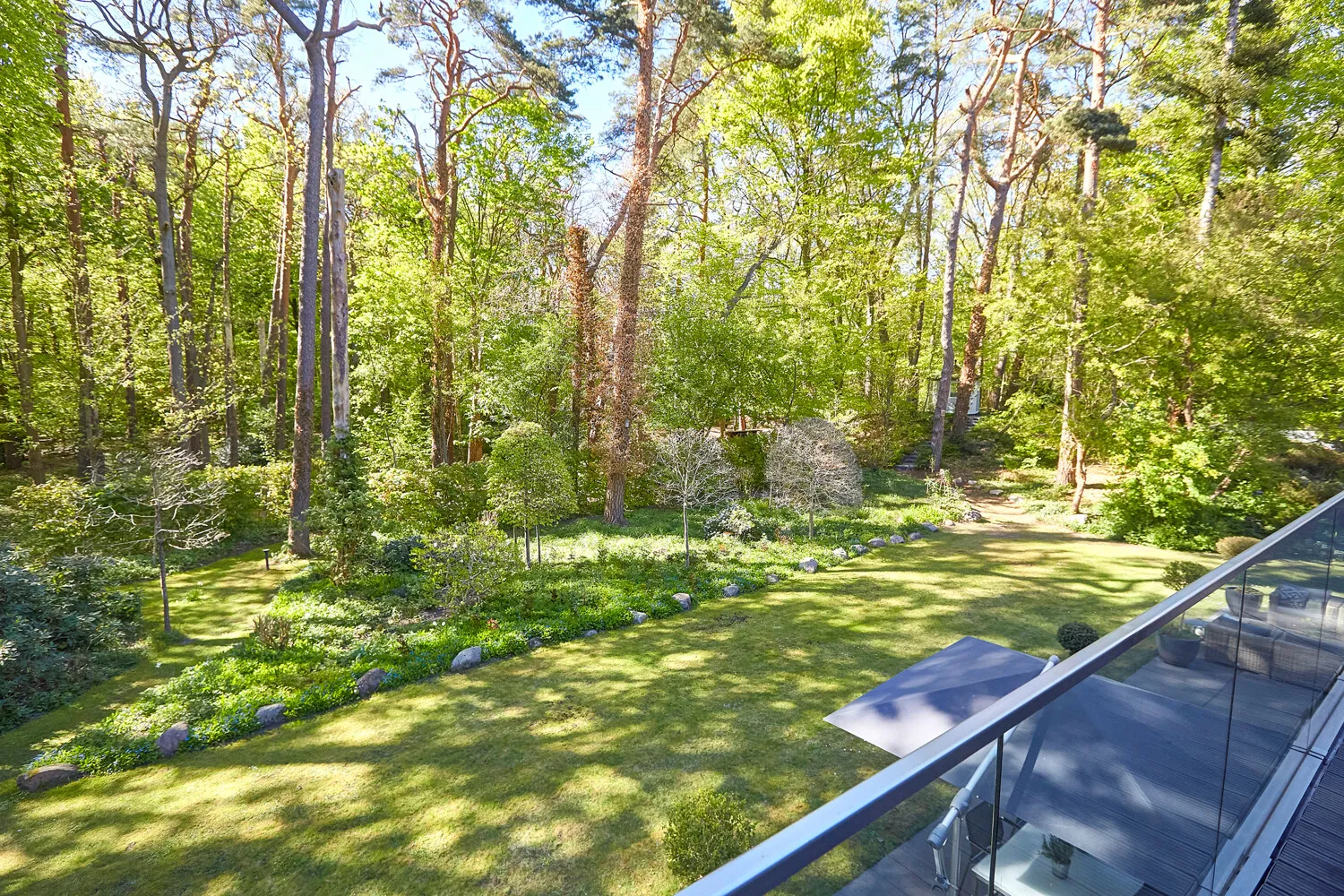 Blick vom Balkon in den hauseigenen Wald