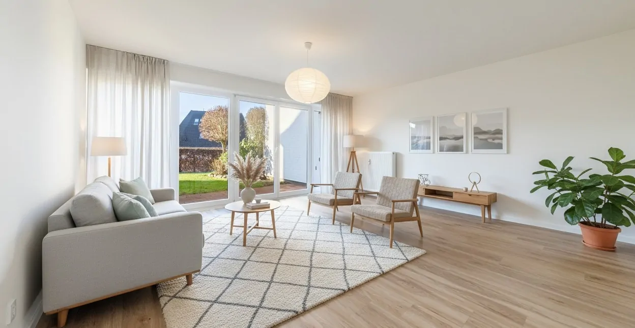 ... eingerichtet mit zusätzlich Platz für Tisch und Stühle (KI)