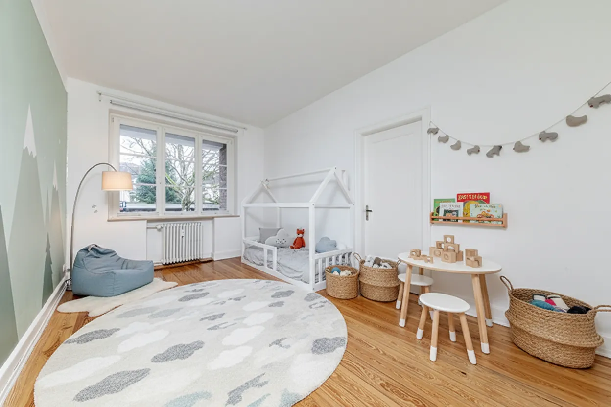 Kinderzimmer mit Blick auf die Loggia und den Garten