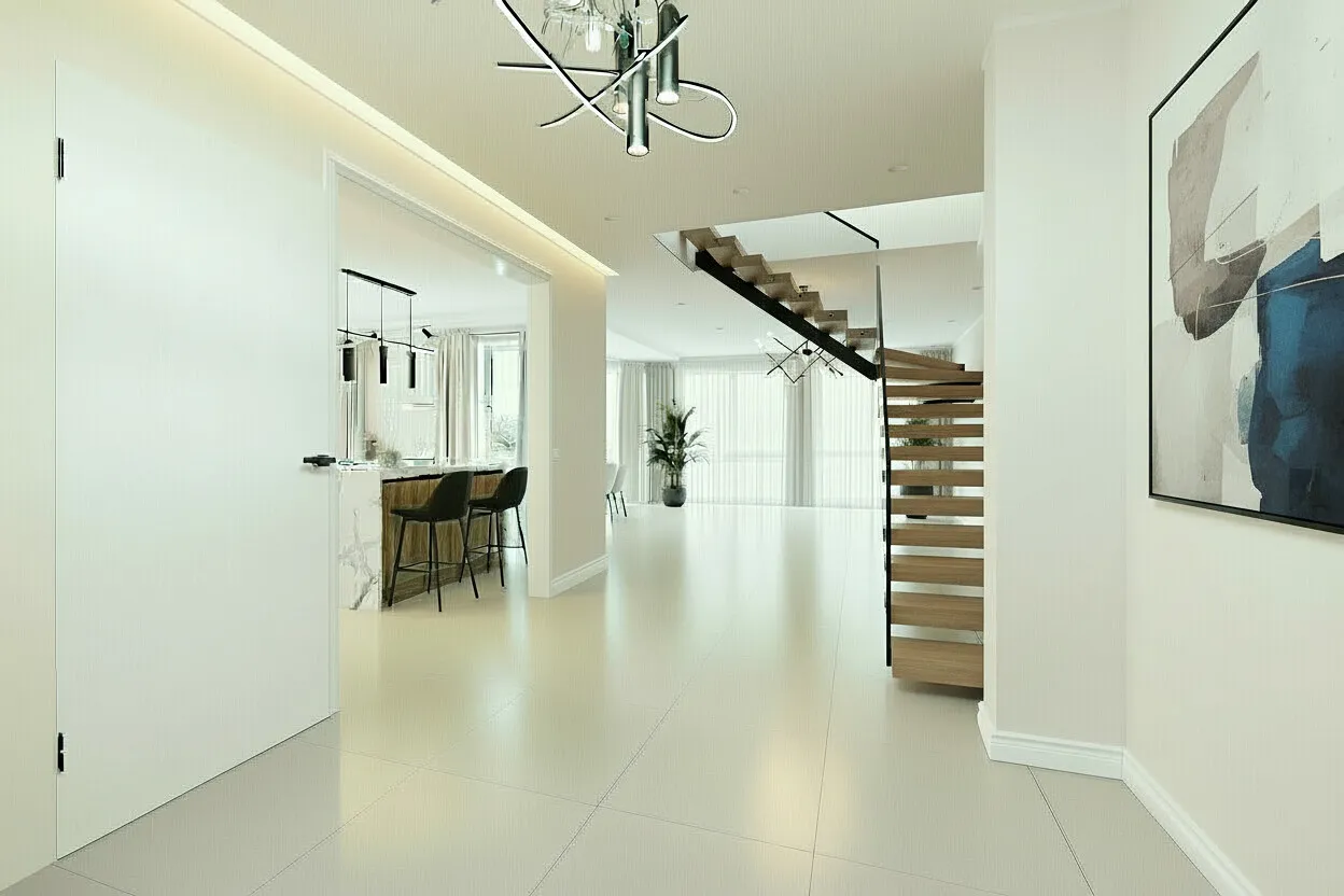 (KI) Flur mit Treppe zur Dachterrasse, linke Tür zum Badezimmer (KI)
