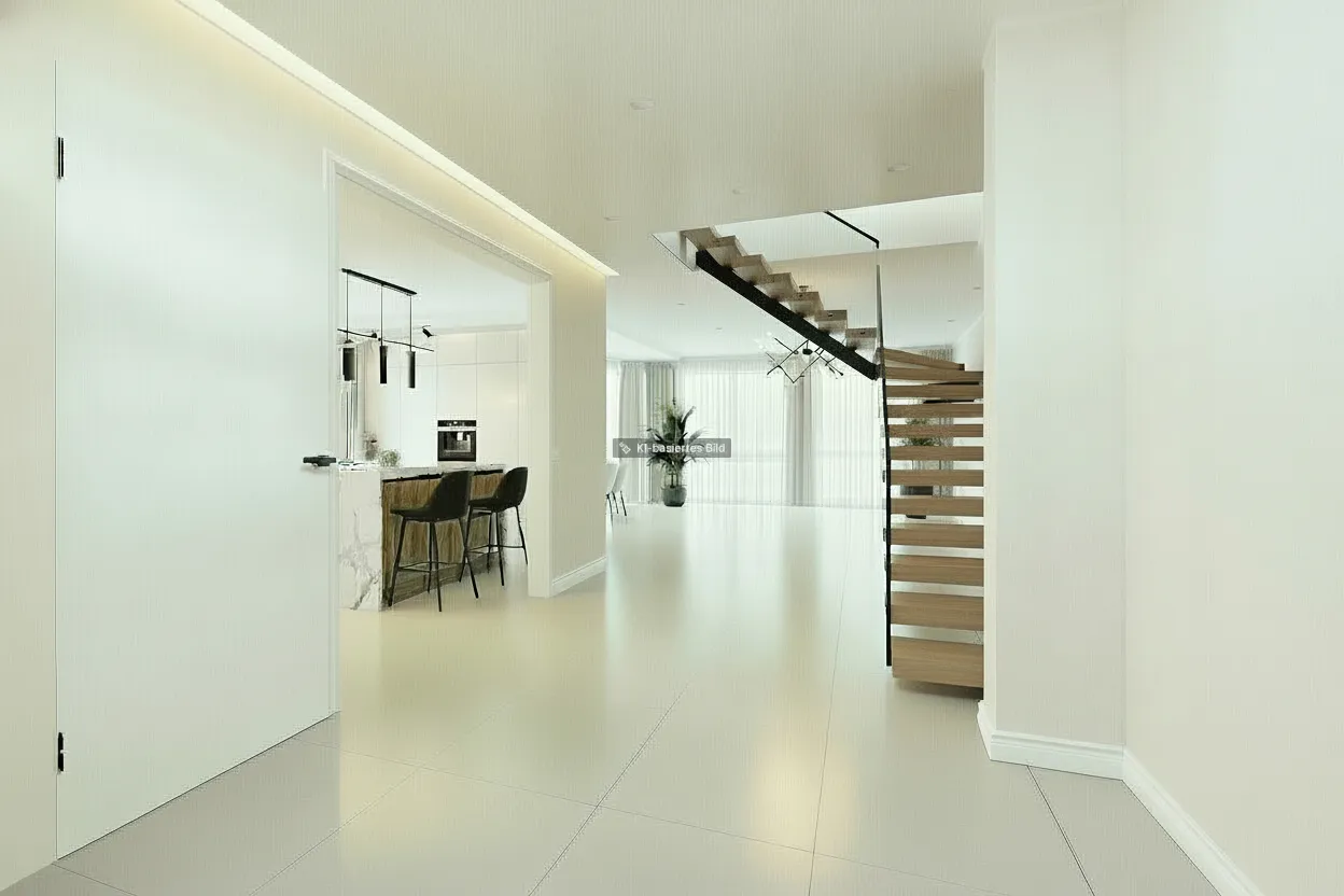 Diele mit Treppe zur Dachterrasse, linke Tür zum Badezimmer