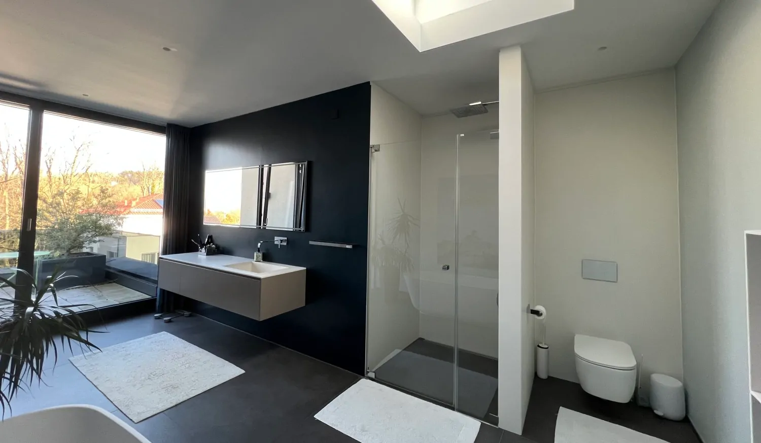 Lichtdurchflutetes Design mit diskreter WC-Nische und Walk-in-Dusche