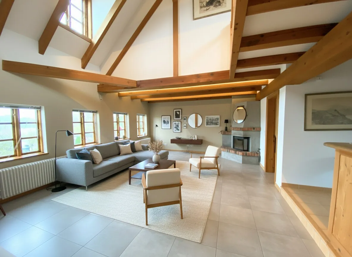 Wohnbereich mit Kamin im OG