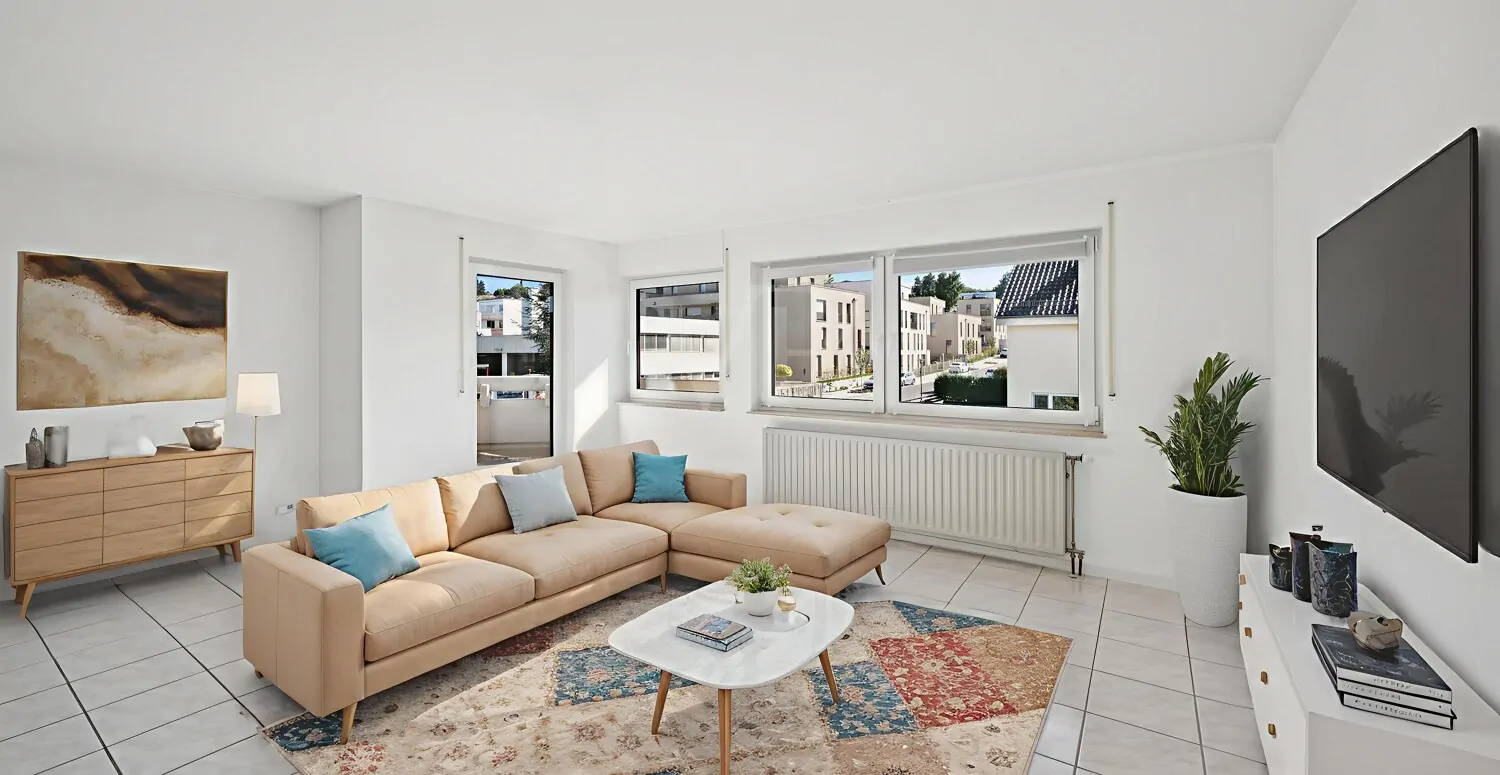 Wohnzimmer mit digitalem Wohnbeispiel