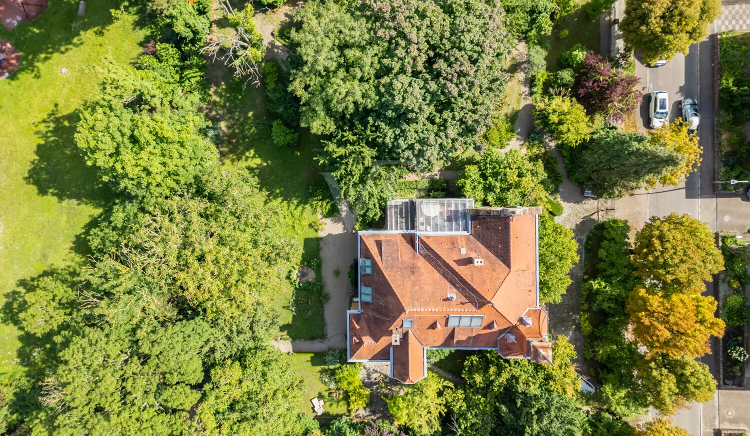 Luftaufnahme mit Blick auf das gesamte Grundstück mit Baumbestand