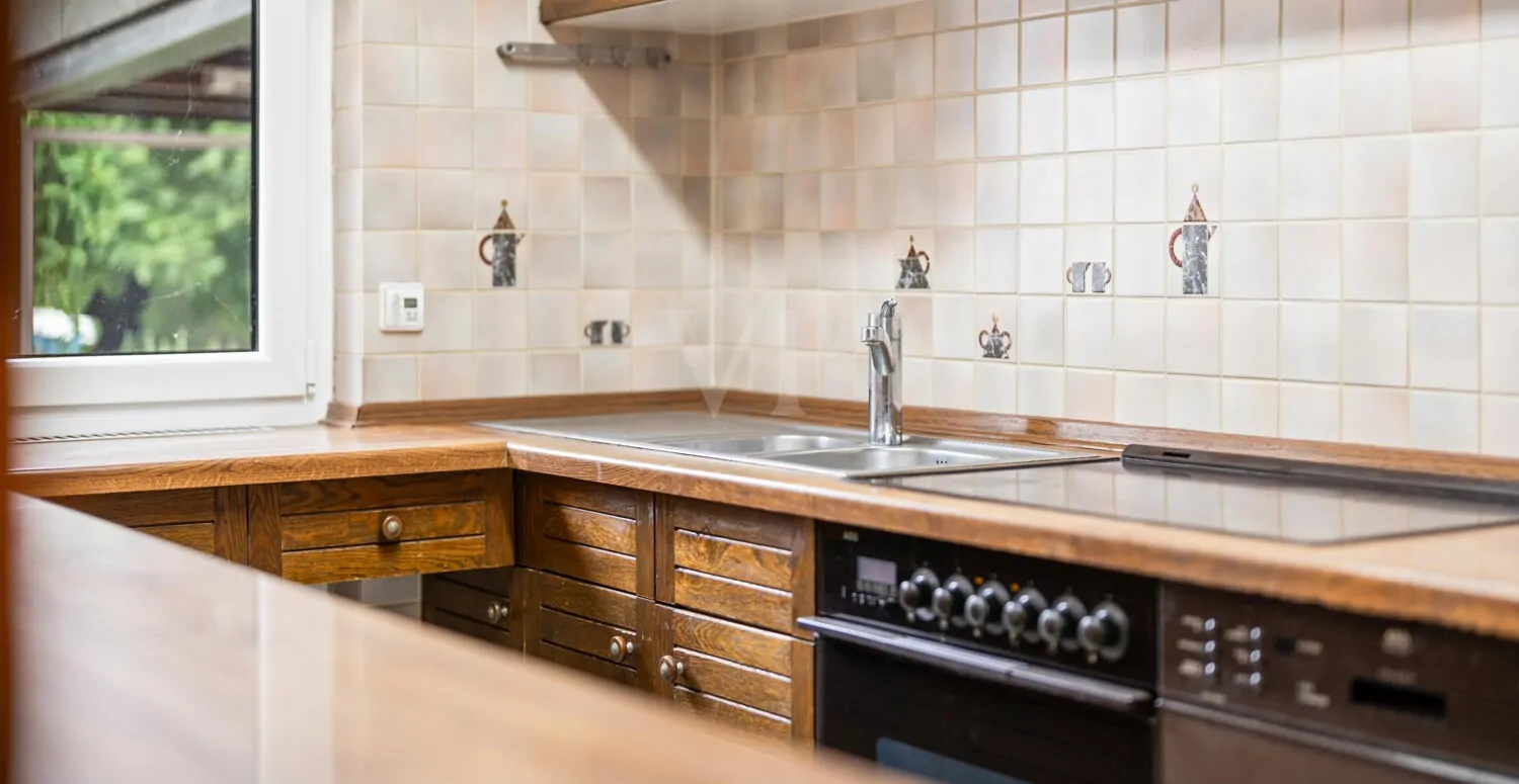 Einbauküche mit Blick in den Garten