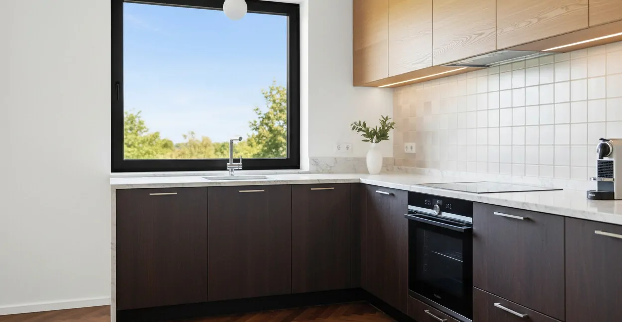 Einbauküche mit Blick in den Garten- Visualisiert