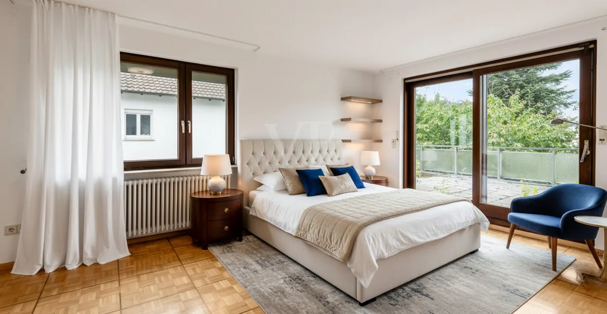 Elternschalfzimmer mit Zugang auf die Dachterrasse-Visualisiert