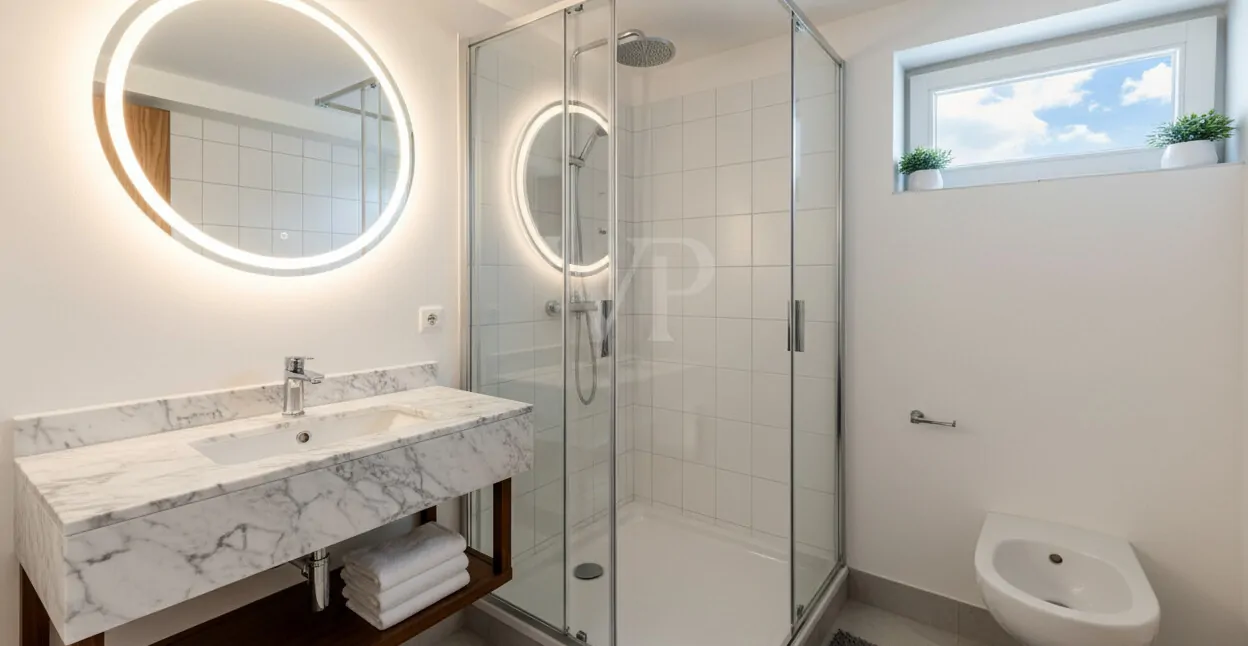 Badezimmer mit Tageslicht und Dusche im Untergeschoss-Visualisiert