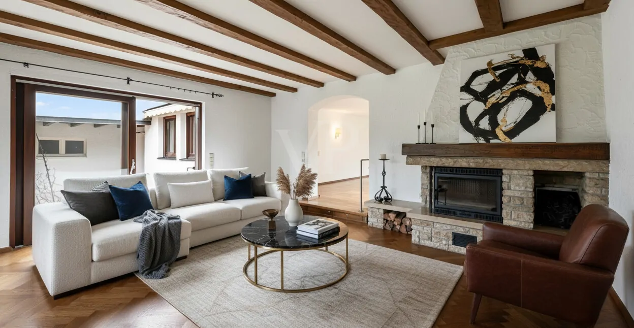 Kaminzimmer mit Blick auf die Erdterrasse-Visualisiert