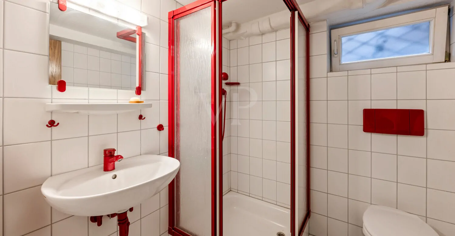 Badezimmer mit Tageslicht und Dusche im Untergeschoss