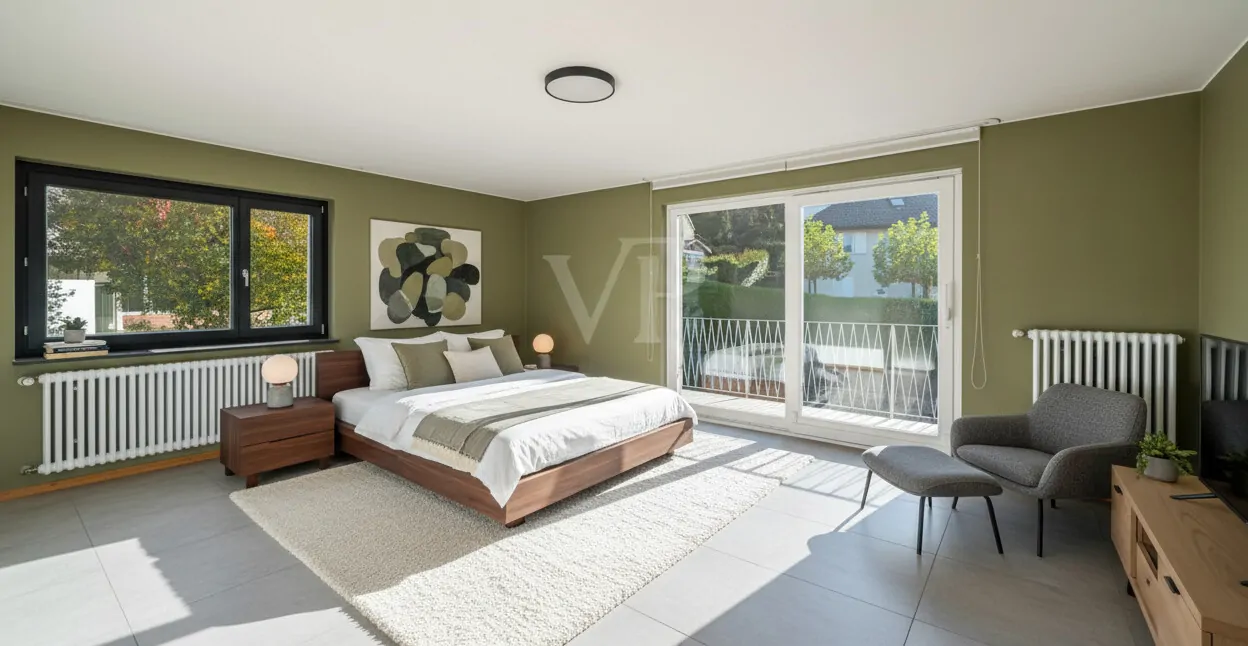 Schlafzimmer im Obergeschoss mit Ausgang zum Balkon-Visualis