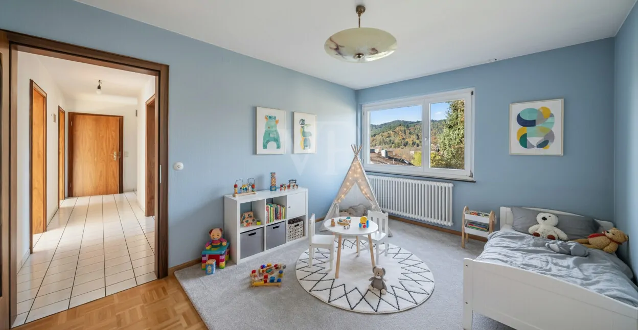 Kinderzimmer im Obergeschoss mit Blick in den Flur-Visualisi