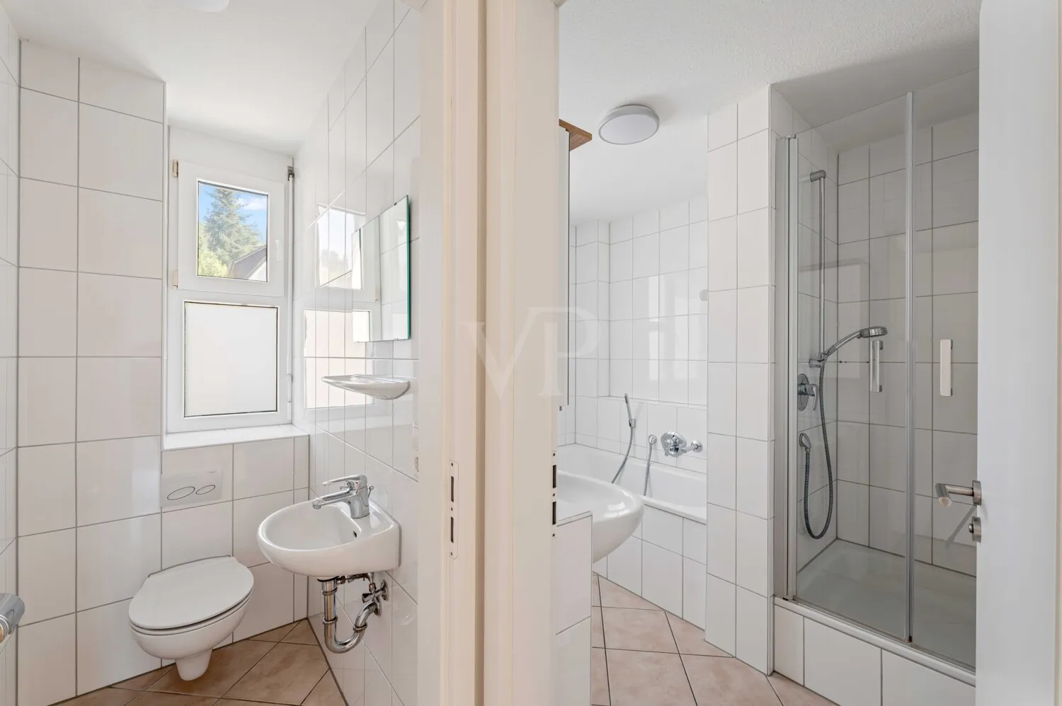 Tageslichtbadezimmer mit Wanne und Dusche