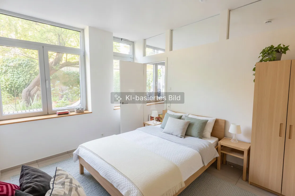 Schlafzimmer mit Ausblick in den Garten