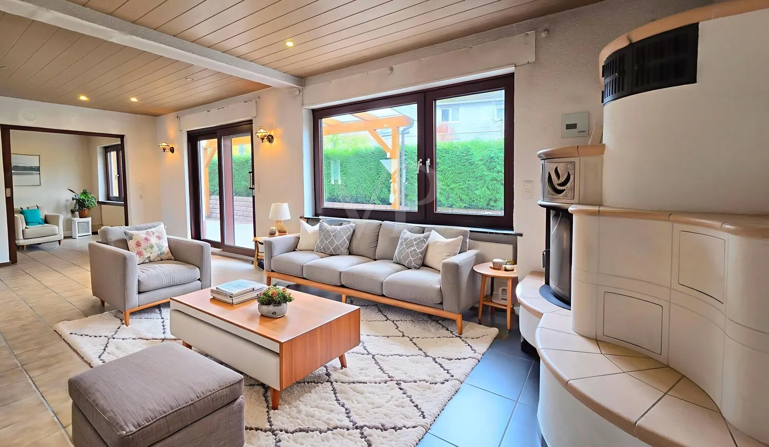 Beispielmöblierung Wohnbereich mit Kachelofen