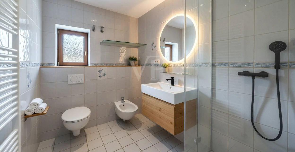 Duschbad im DG mit Beispielgestaltung Waschtisch