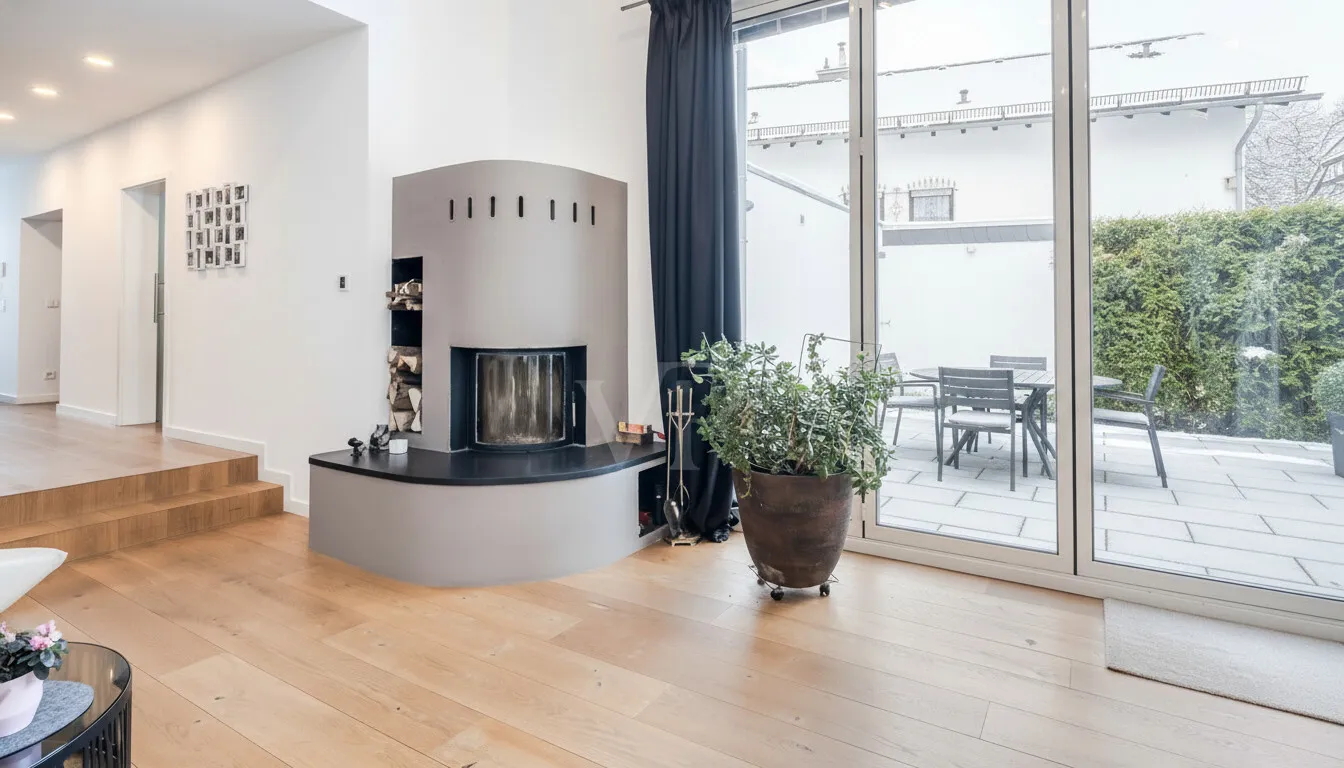 Kamin & Blick auf die Terrasse (KI)