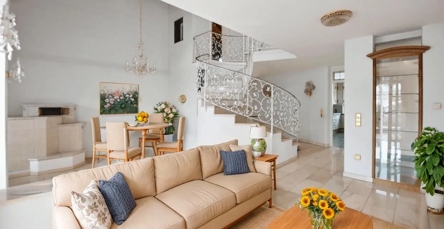 offener Wohnbereich mit Kachelofen KI