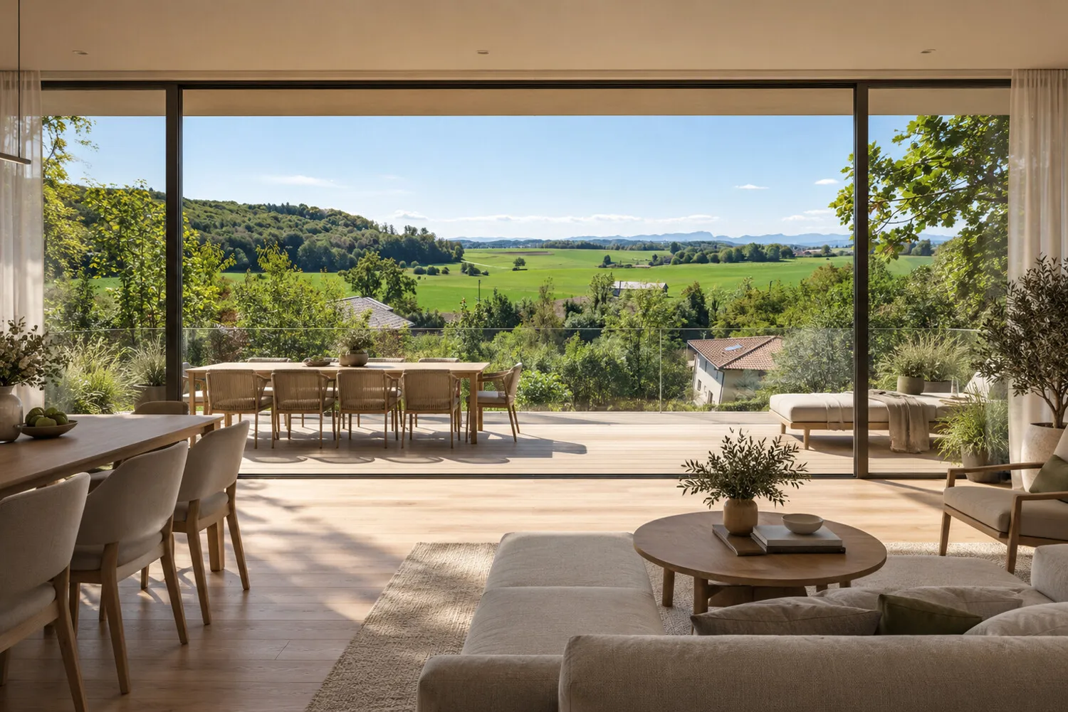 Wohnraum KI-generiert, Ausblick enspricht realen Aussicht