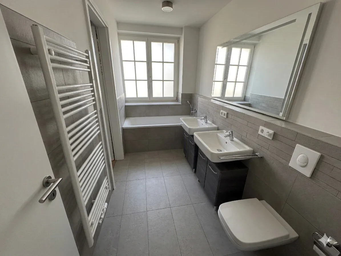 Tageslichtbad mit Badewanne und ebenerdiger Dusche