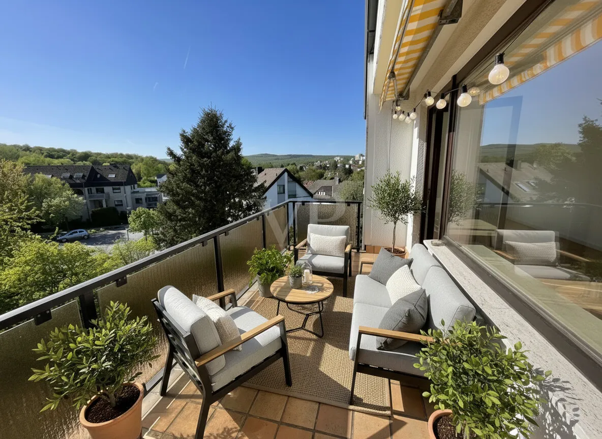 Südbalkon mit Einrichtungsbeispiel