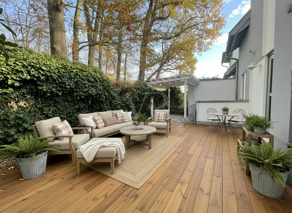 Hintere Terrasse mit Beispielmöblierung