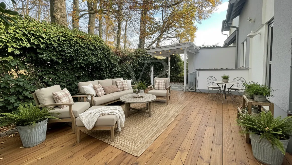 Hintere Terrasse mit Beispielmöblierung