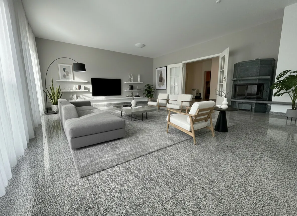 Wohnzimmer mit Flügeltüren-Zugang mit Beispielmöblierung