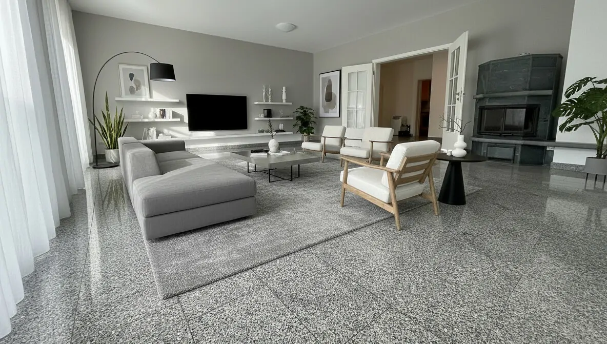 Wohnzimmer mit Flügeltüren-Zugang mit Beispielmöblierung