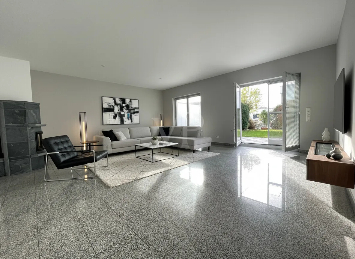 Wohnzimmer mit Ausgang zur Terrasse Beispielmöblierung