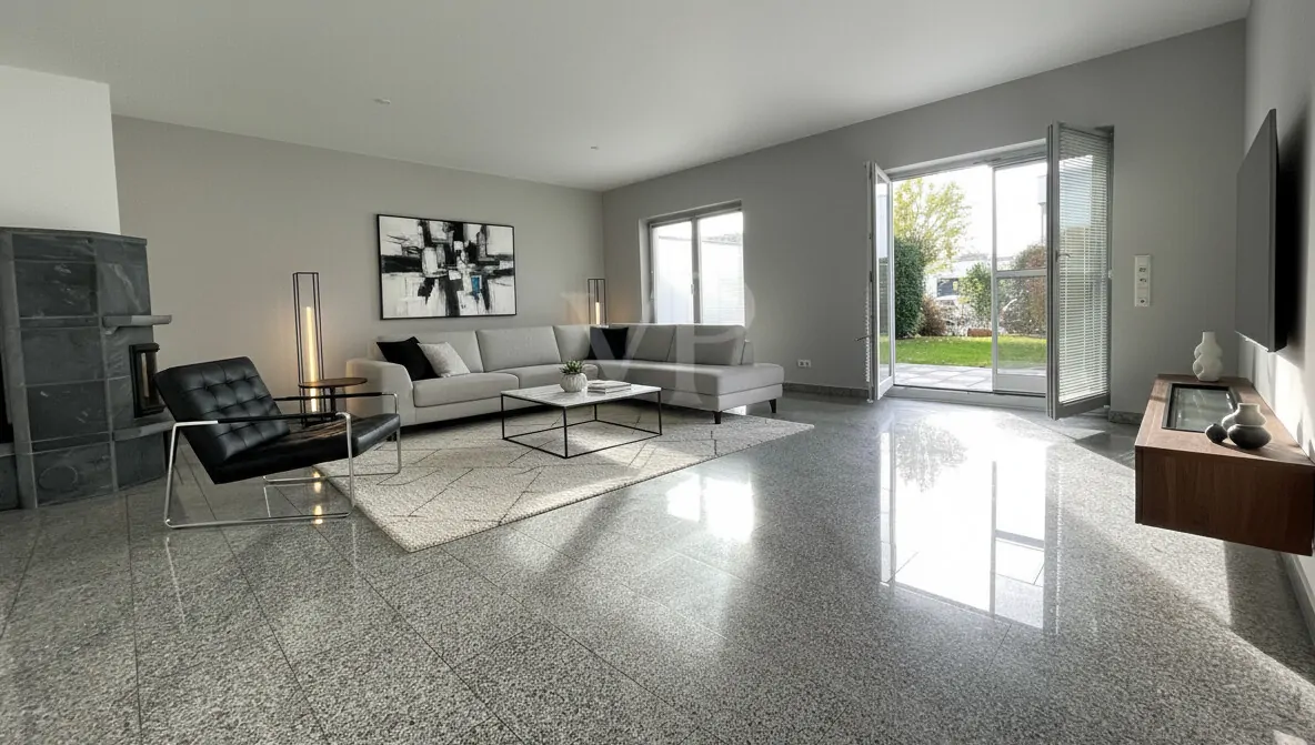 Wohnzimmer mit Ausgang zur Terrasse Beispielmöblierung