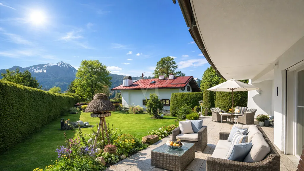 Terrasse mit zugehörigem Garten und Bergblick
